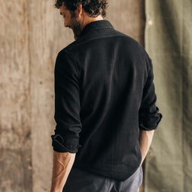 fit model showing the back of The Point Shirt in Coal Sashiko