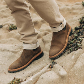 fit model in The Ranch Boot in Golden Brown Waxed Suede