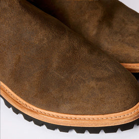 material shot of the upper and midsole of The Ranch Boot in Golden Brown Waxed Suede