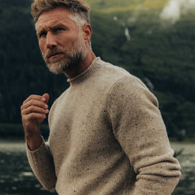 fit model in The Seafarer Sweater in Natural Donegal, Knits by Taylor Stitch
