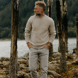 fit model showing the side of The Seafarer Sweater in Natural Donegal