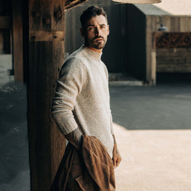 fit model showing the side of The Seafarer Sweater in Natural Donegal