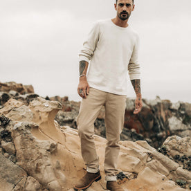 fit model in The Slim All Day Pant in Light Khaki Broken Twill