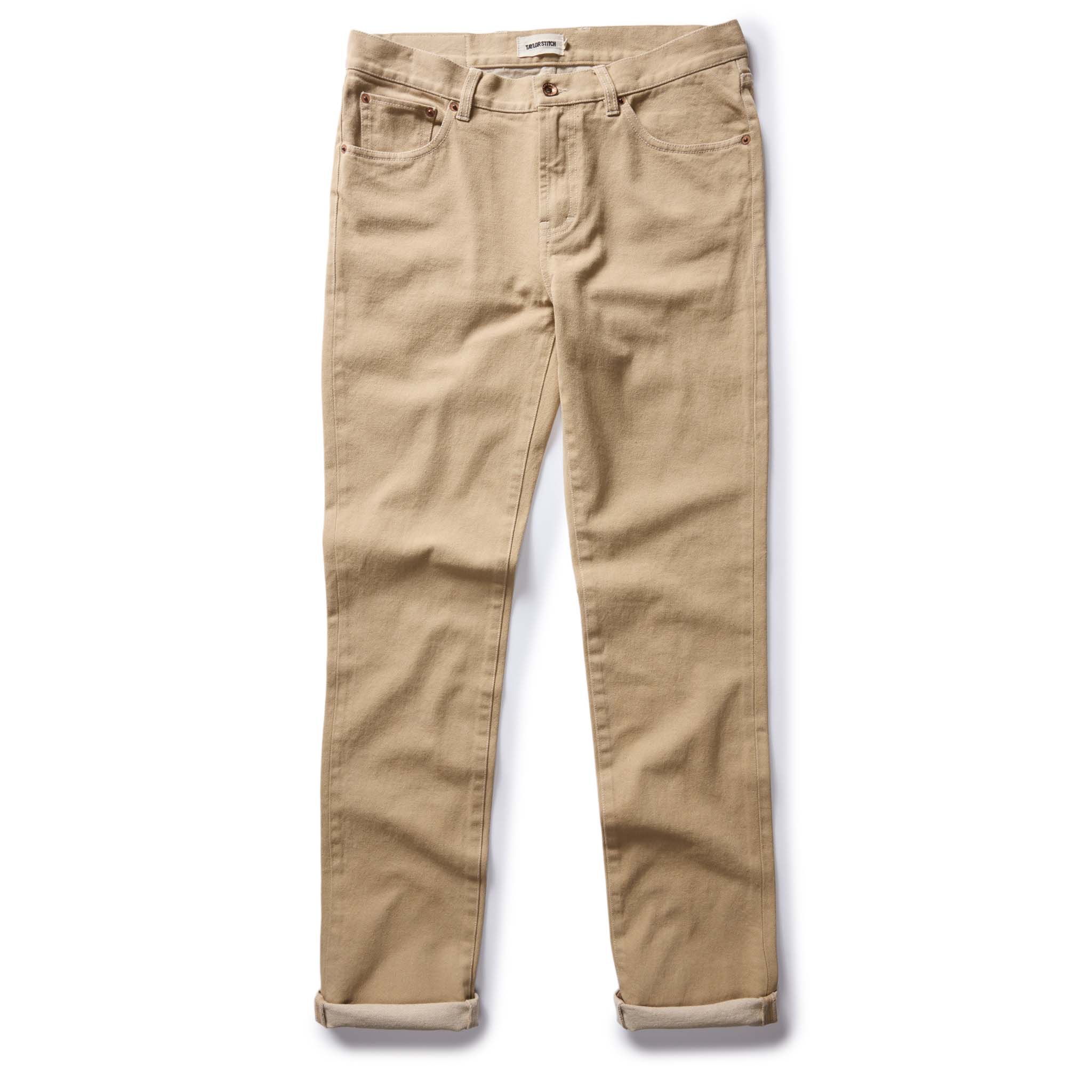 flatlay of The Slim All Day Pant in Light Khaki Broken Twill, shown in full, Bottoms by Taylor Stitch