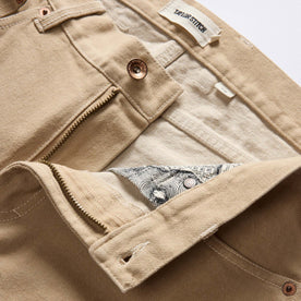material shot of the zipper fly on The Slim All Day Pant in Light Khaki Broken Twill