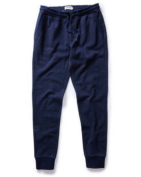 flatlay of The Sunset Pant in Indigo Terry, shown in full, Bottoms by Taylor Stitch