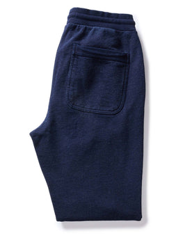 flatlay of The Sunset Pant in Indigo Terry, shown folded from the back, Bottoms by Taylor Stitch