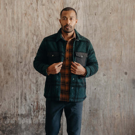 fit model in The Timberline Jacket in Dark Spruce Plaid