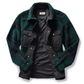 flatlay of The Timberline Jacket in Dark Spruce Plaid, shown open 