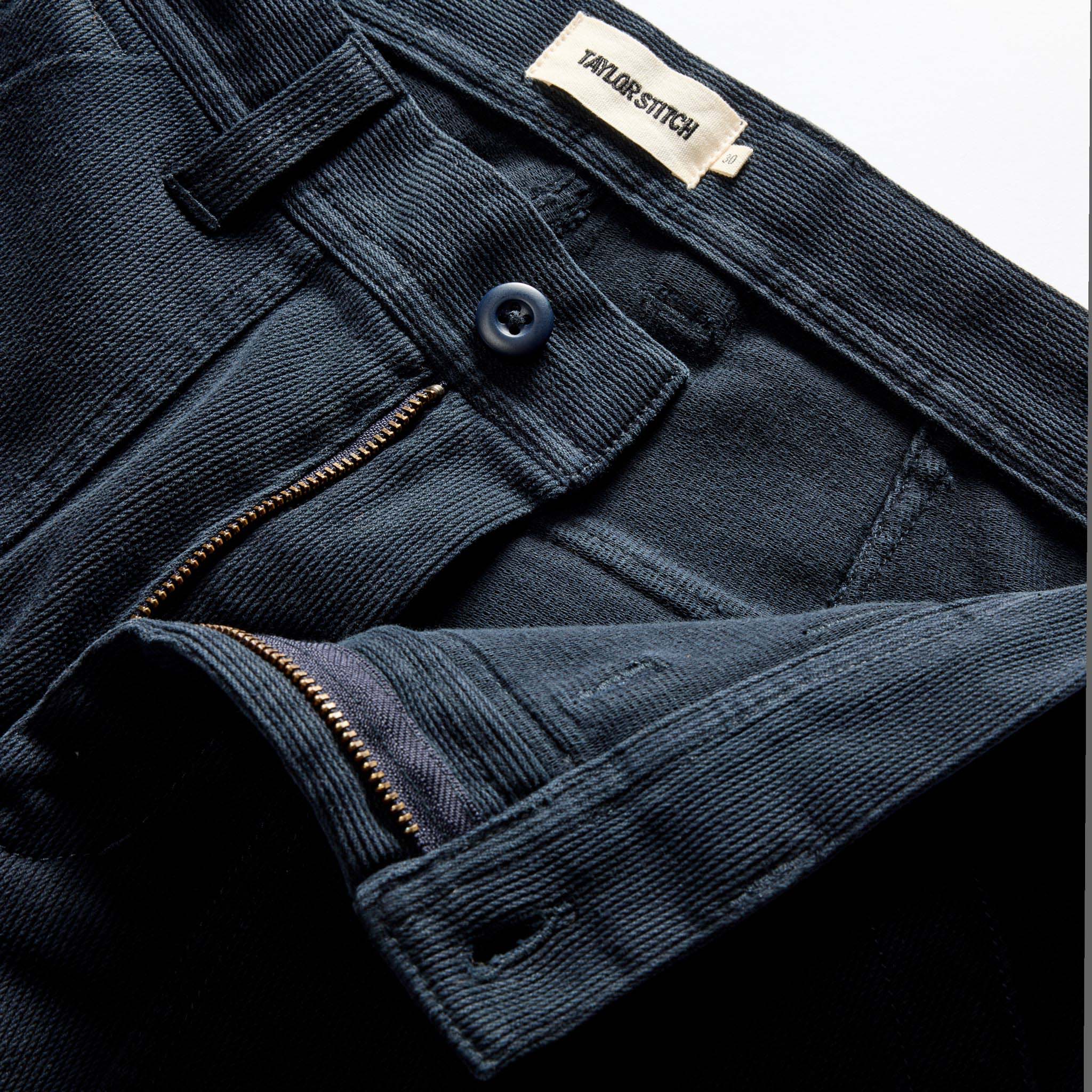 material shot of the zipper fly on The Trail Pant in Dark Navy Bedford Cord, Bottoms by Taylor Stitch