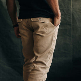 fit model showing the back of The Trail Pant in Light Khaki Bedford Cord