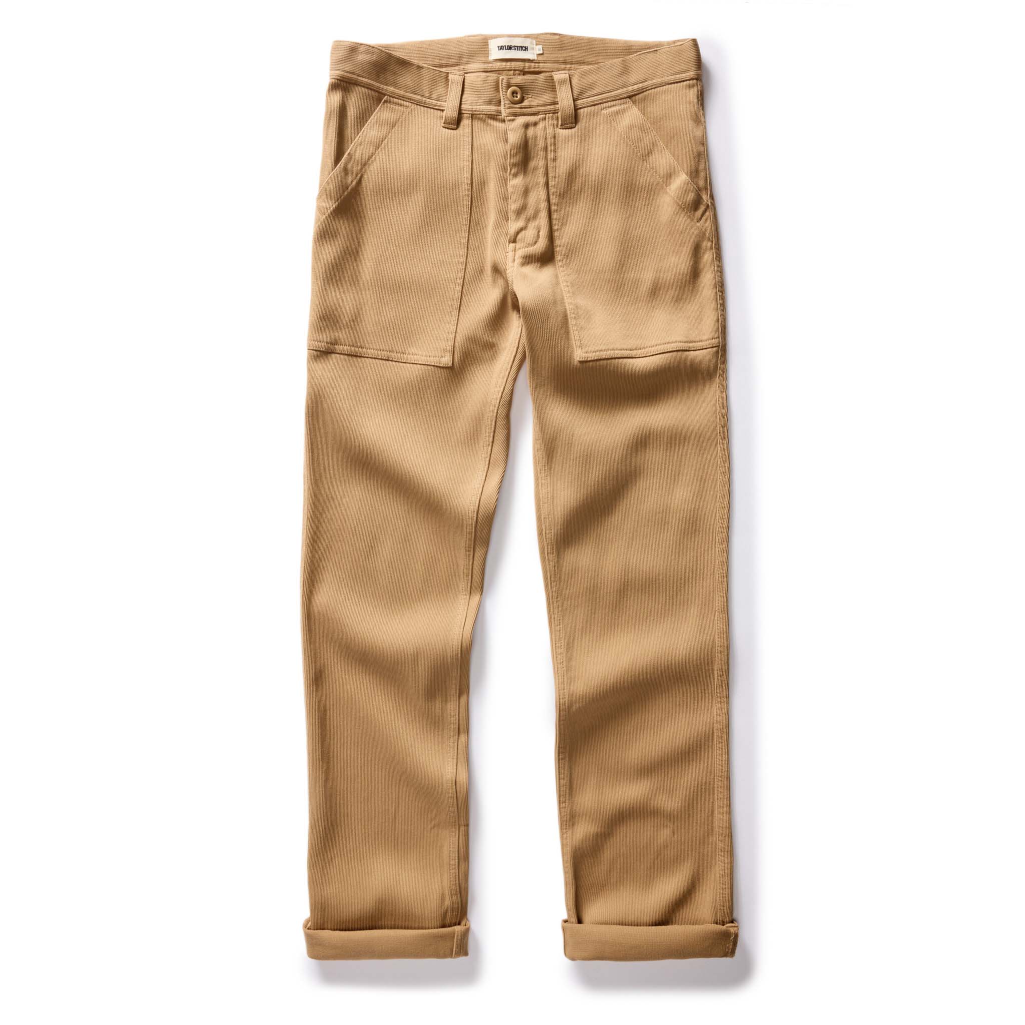 flatlay of The Trail Pant in Light Khaki Bedford, in full, Bottoms by Taylor Stitch