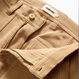 material shot of the zipper fly on The Trail Pant in Light Khaki Bedford Cord