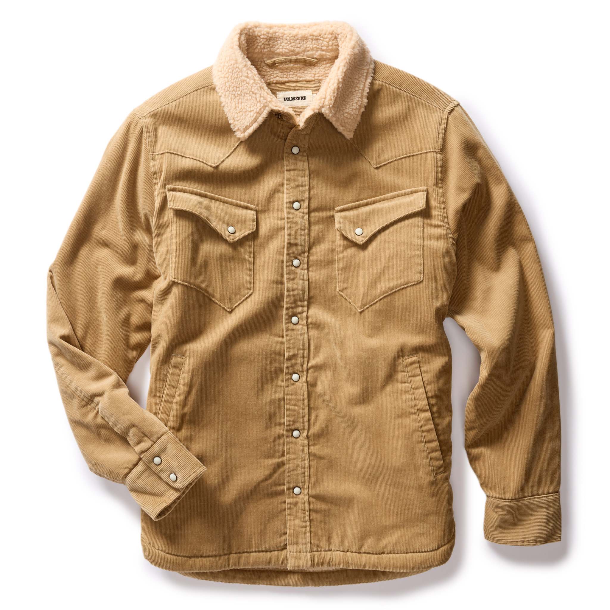 flatlay of The Western Shirt Jacket in Dark Khaki Corduroy, Outerwear by Taylor Stitch