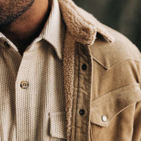 fit model showing the collar on The Western Shirt Jacket in Dark Khaki Corduroy
