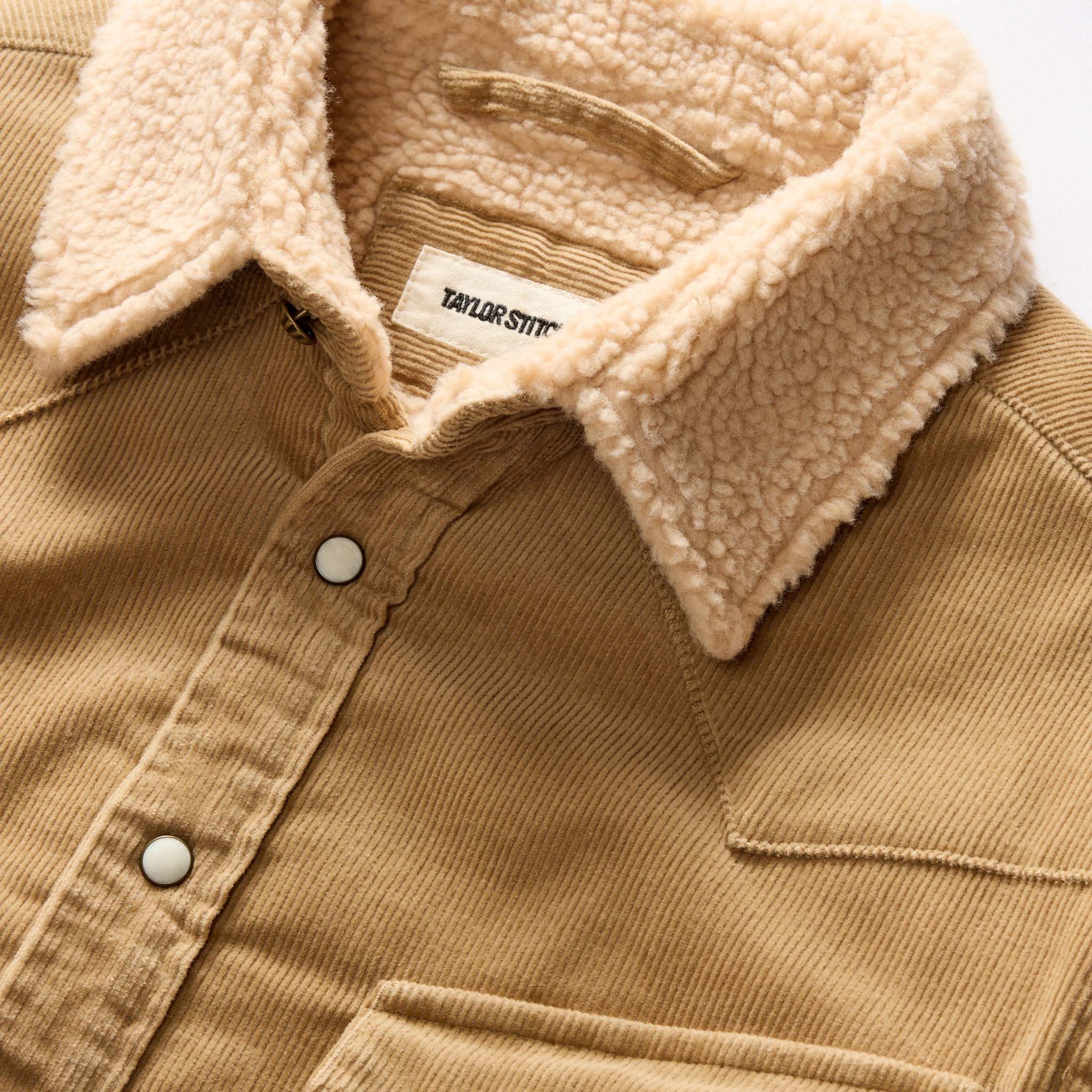 material shot of the collar on The Western Shirt Jacket in Dark Khaki Corduroy, Outerwear by Taylor Stitch