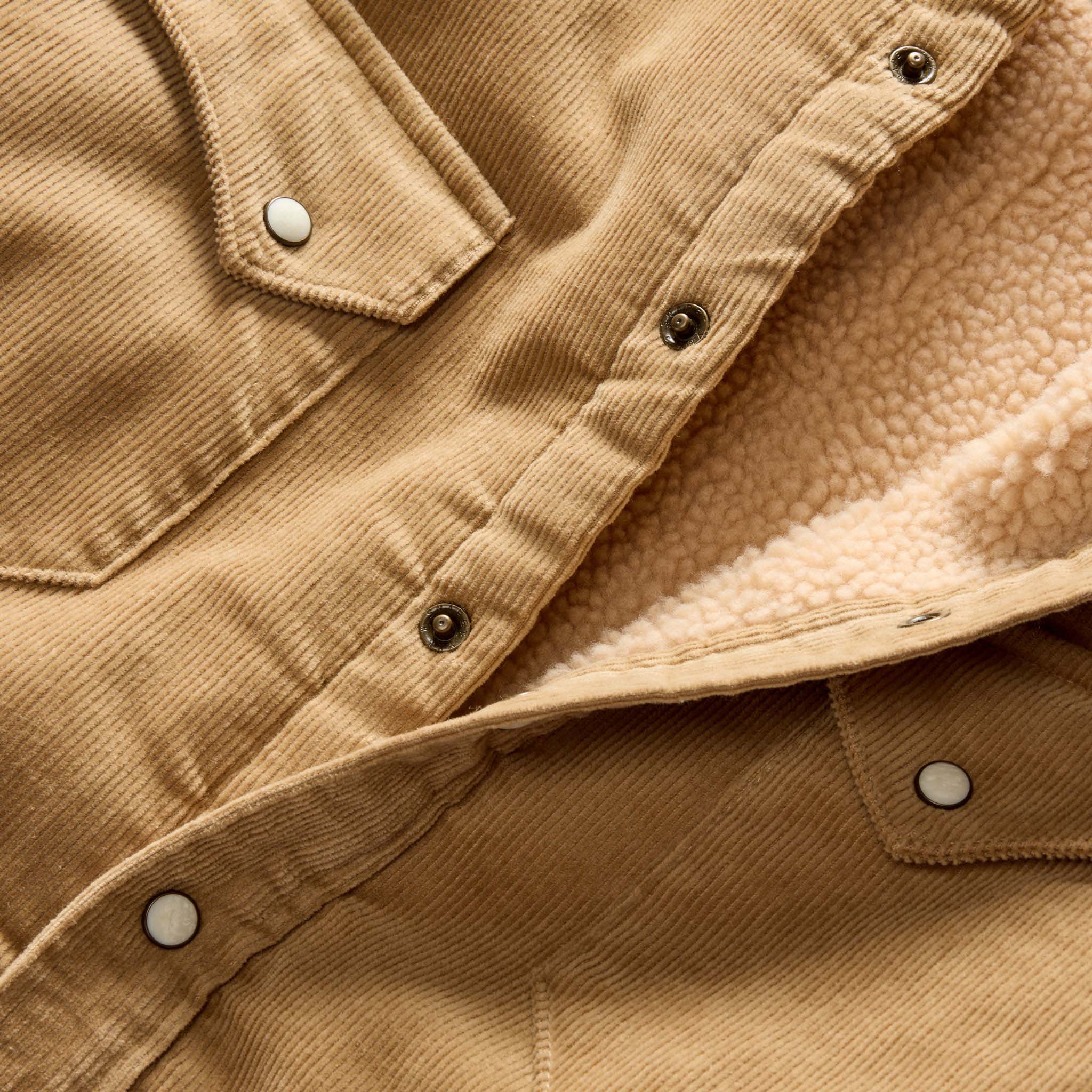 material shot of the snap buttons on The Western Shirt Jacket in Dark Khaki Corduroy, Outerwear by Taylor Stitch