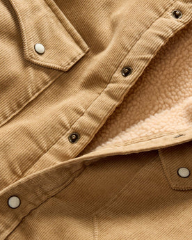 material shot of the snap buttons on The Western Shirt Jacket in Dark Khaki Corduroy, Outerwear by Taylor Stitch