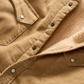 material shot of the snap buttons on The Western Shirt Jacket in Dark Khaki Corduroy