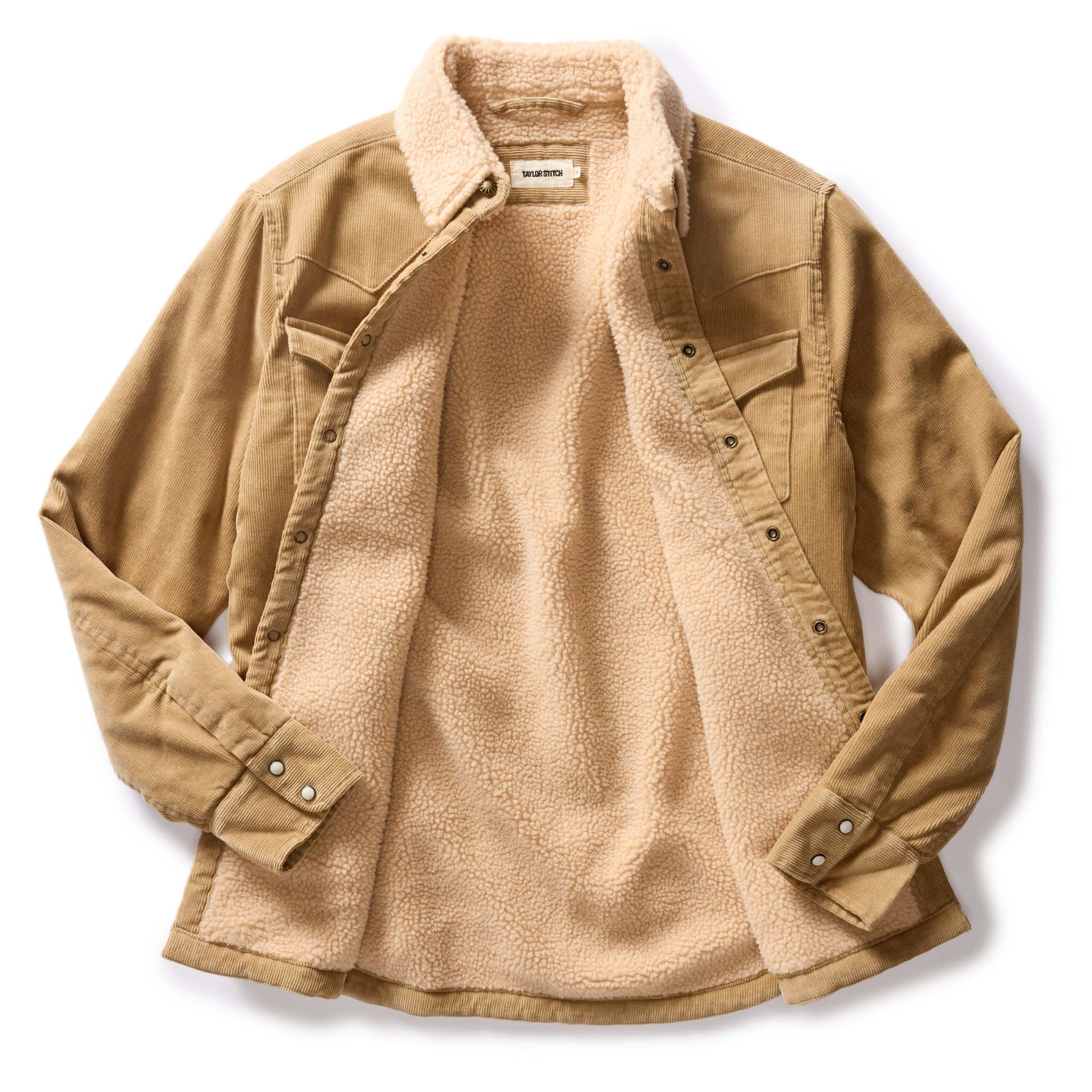 flatlay of The Western Shirt Jacket in Dark Khaki Corduroy, shown open, Outerwear by Taylor Stitch