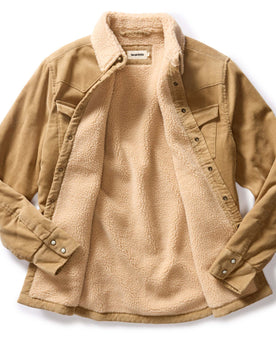 flatlay of The Western Shirt Jacket in Dark Khaki Corduroy, shown open, Outerwear by Taylor Stitch