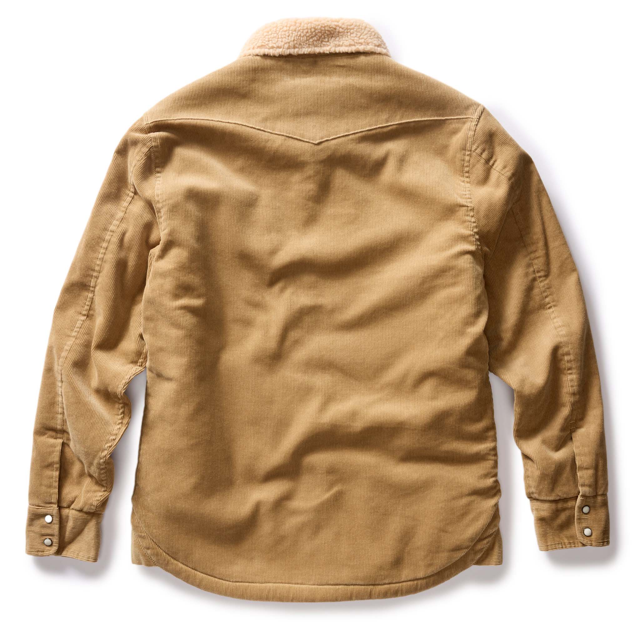 flatlay of The Western Shirt Jacket in Dark Khaki Corduroy, shown from back, Outerwear by Taylor Stitch