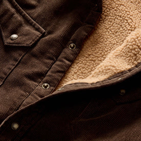 material shot of the snap buttons on The Western Shirt Jacket in Soil Corduroy