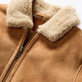 material shot of the collar on The Wright Jacket in Camel Shearling Leather