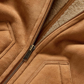 material shot of the YKK zipper on The Wright Jacket in Camel Shearling Leather