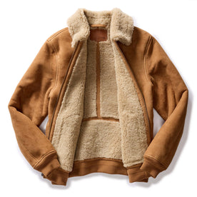 flatlay of The Wright Jacket in Camel Shearling Leather, shown open