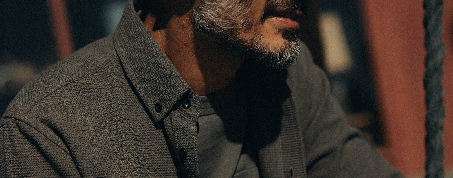 fit model posing in The Jack in Fatigue Olive Waffle,  by Taylor Stitch