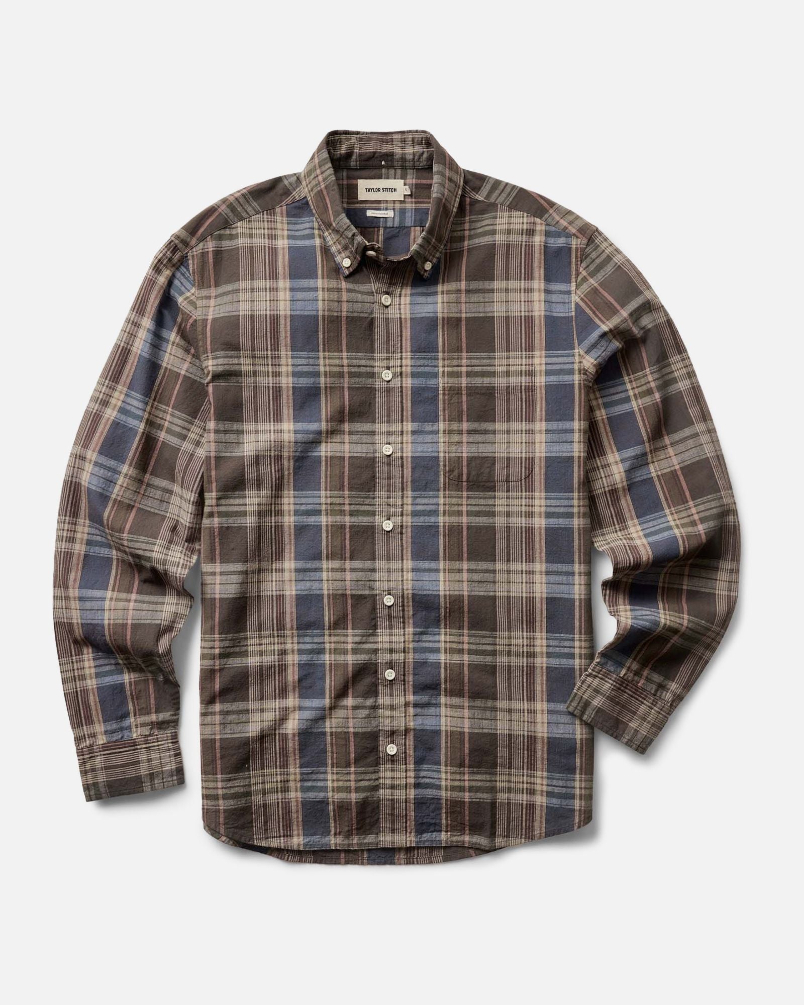 flatlay of The Jack in Atlantic Blue Madras, Wovens by Taylor Stitch
