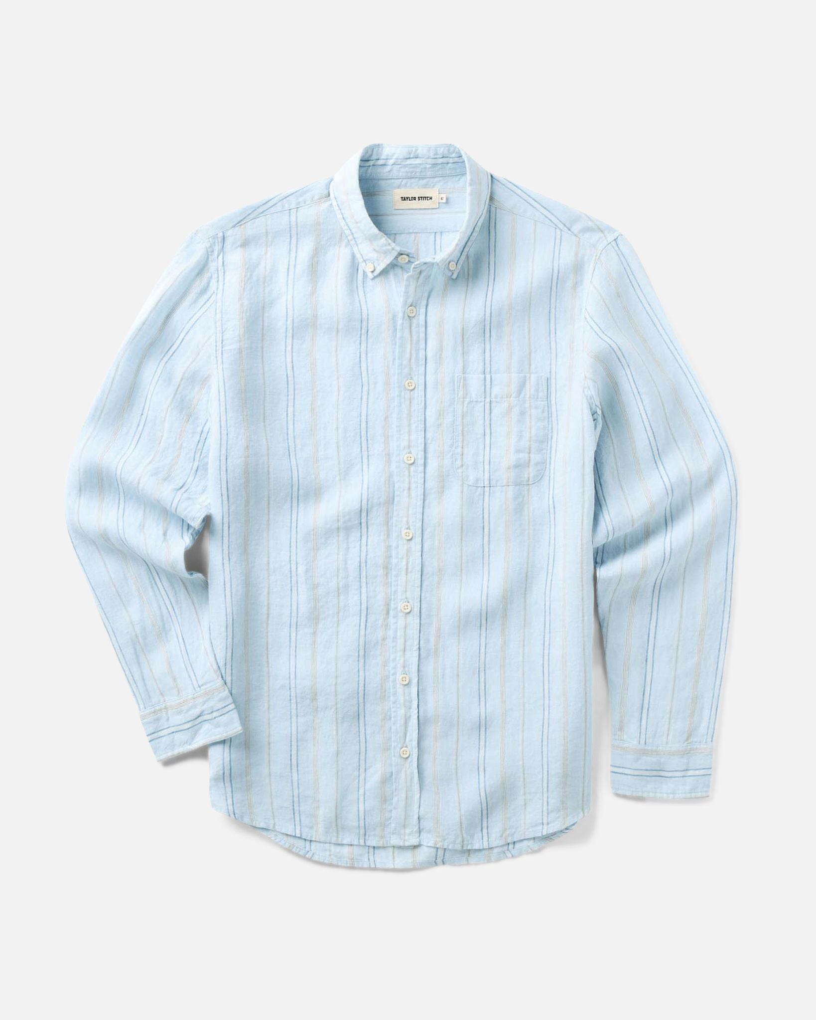 flatlay of The Jack in Blue Sky Stripe Linen, Wovens by Taylor Stitch