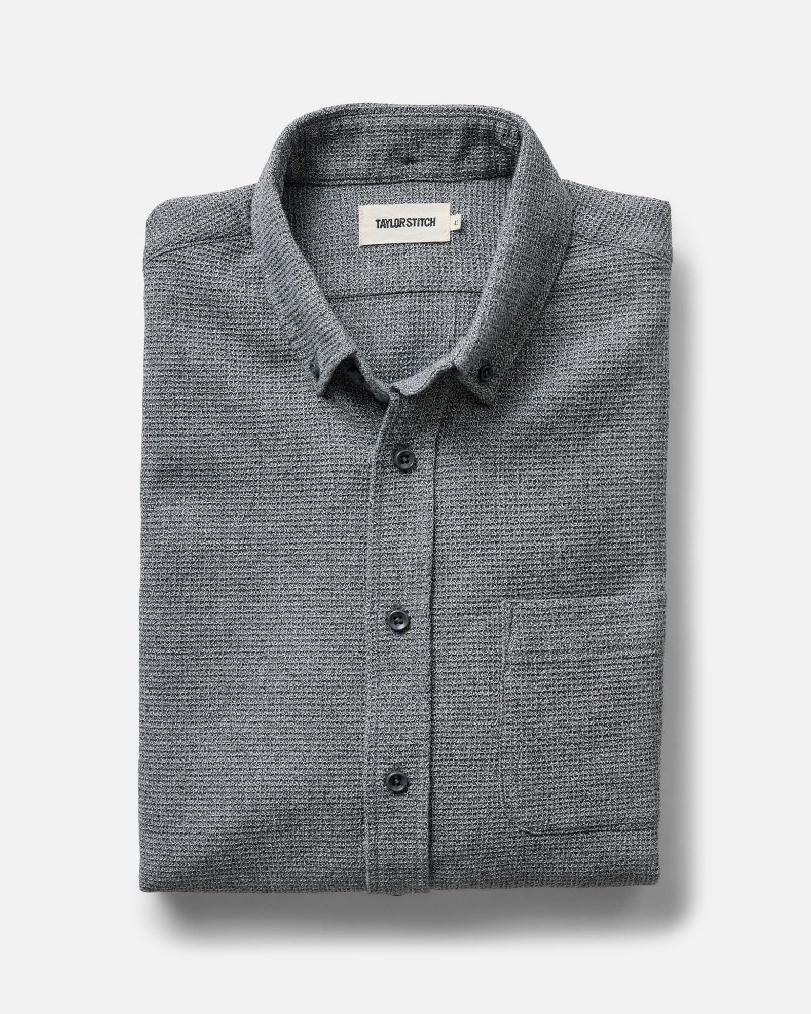 folded flatlay of The Jack in Charcoal Twist Waffle, Wovens by Taylor Stitch