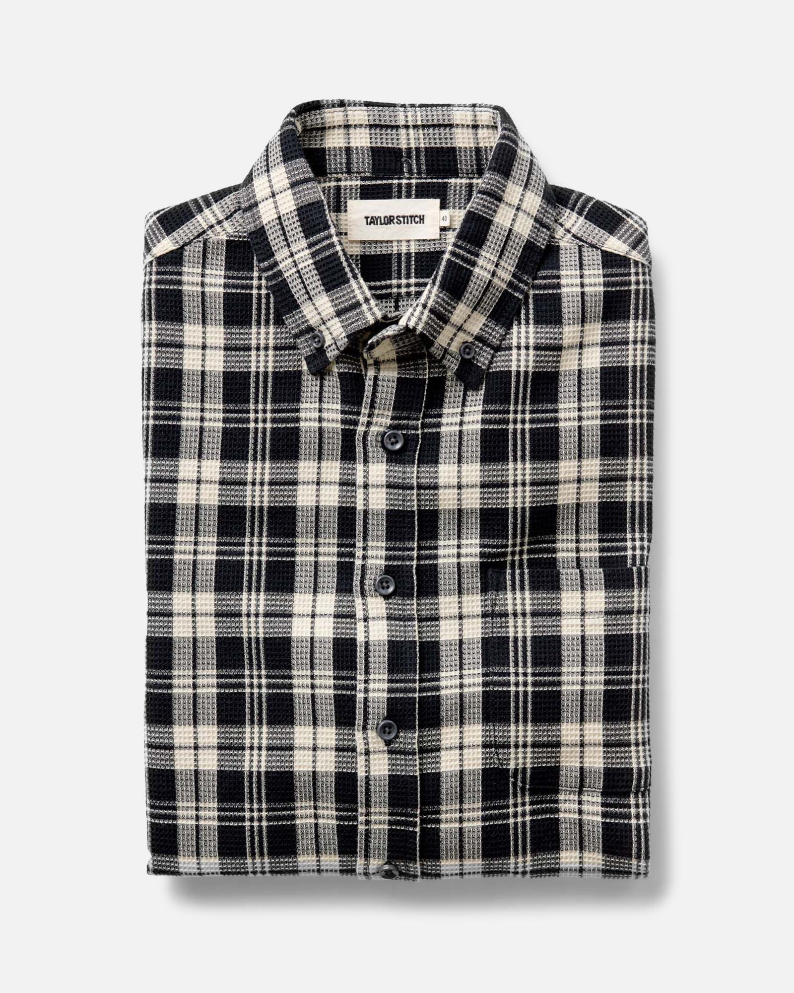 folded flatlay of The Jack in Coal Plaid Waffle, Wovens by Taylor Stitch