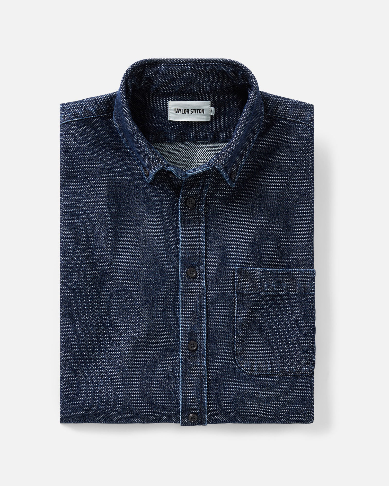 folded flatlay of The Jack in Rinsed Indigo Japanese Jacquard Dot, Wovens by Taylor Stitch