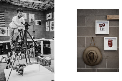 Jack Ludlam taking an overhead photo of a chainsaw in his photography studio