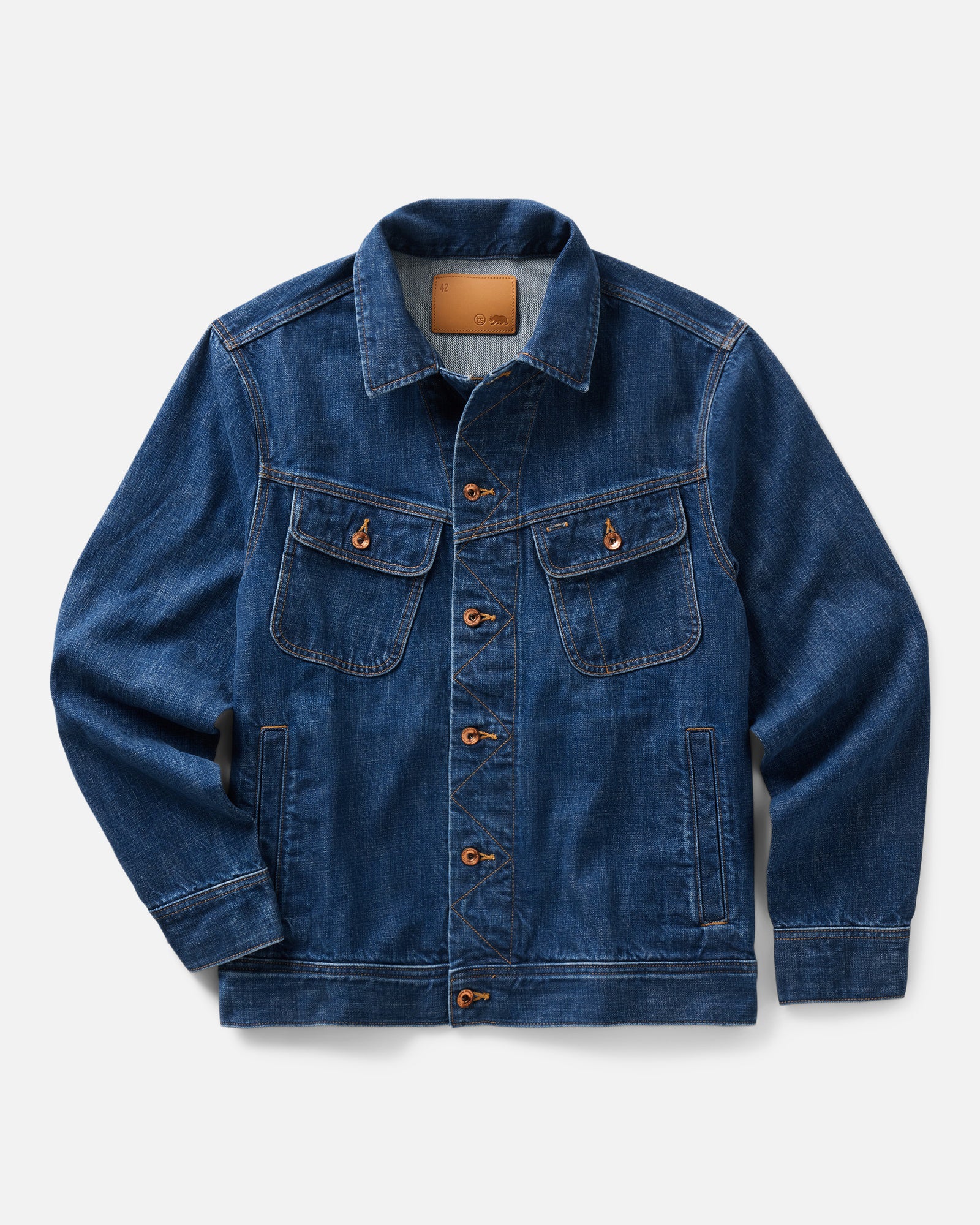 flatlay of The Long Haul Jacket in Mid Wash Organic Selvedge, Outerwear by Taylor Stitch