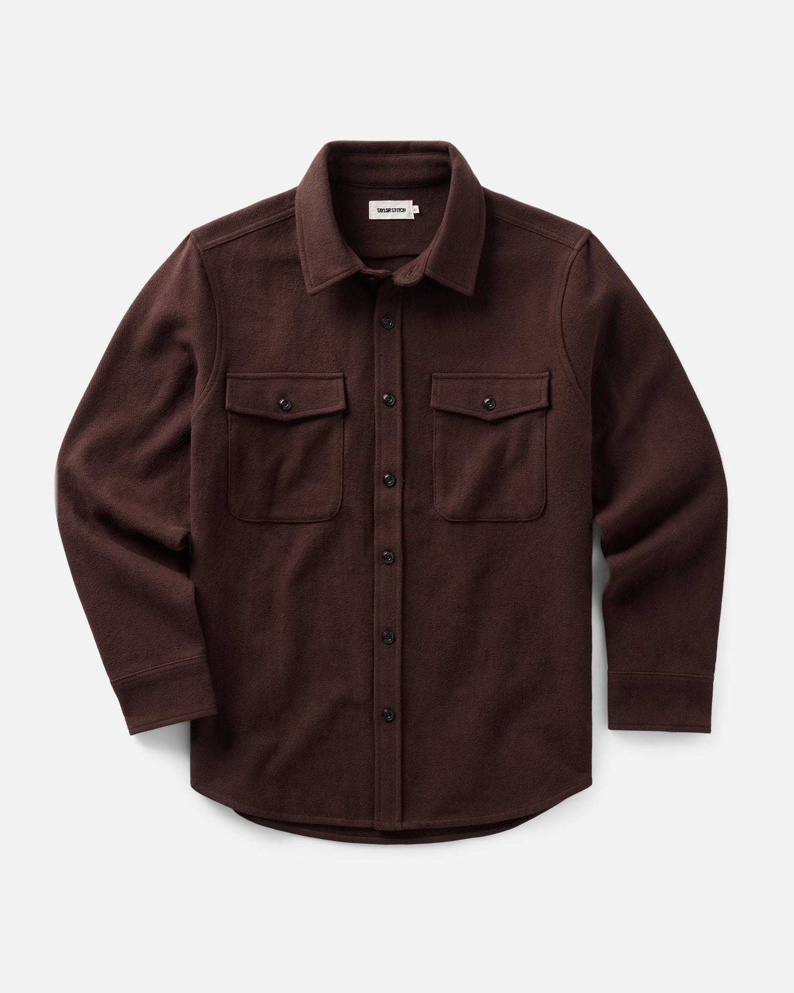 flatlay of The Maritime Shirt Jacket in Burgundy Moleskin Twill, Outerwear by Taylor Stitch