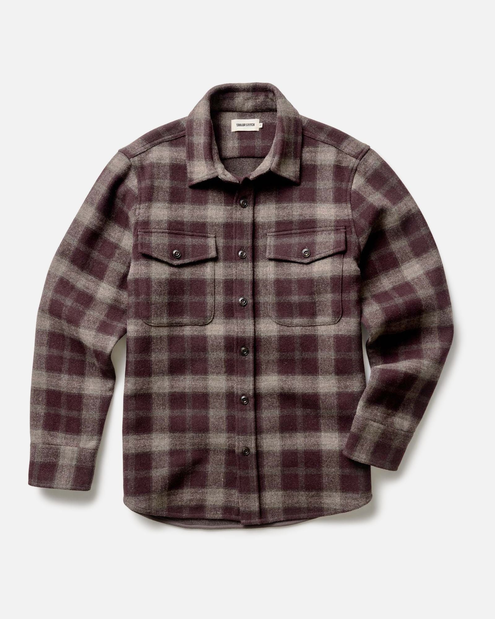 flatlay of The Maritime Shirt Jacket in Burgundy Plaid, Wovens by Taylor Stitch