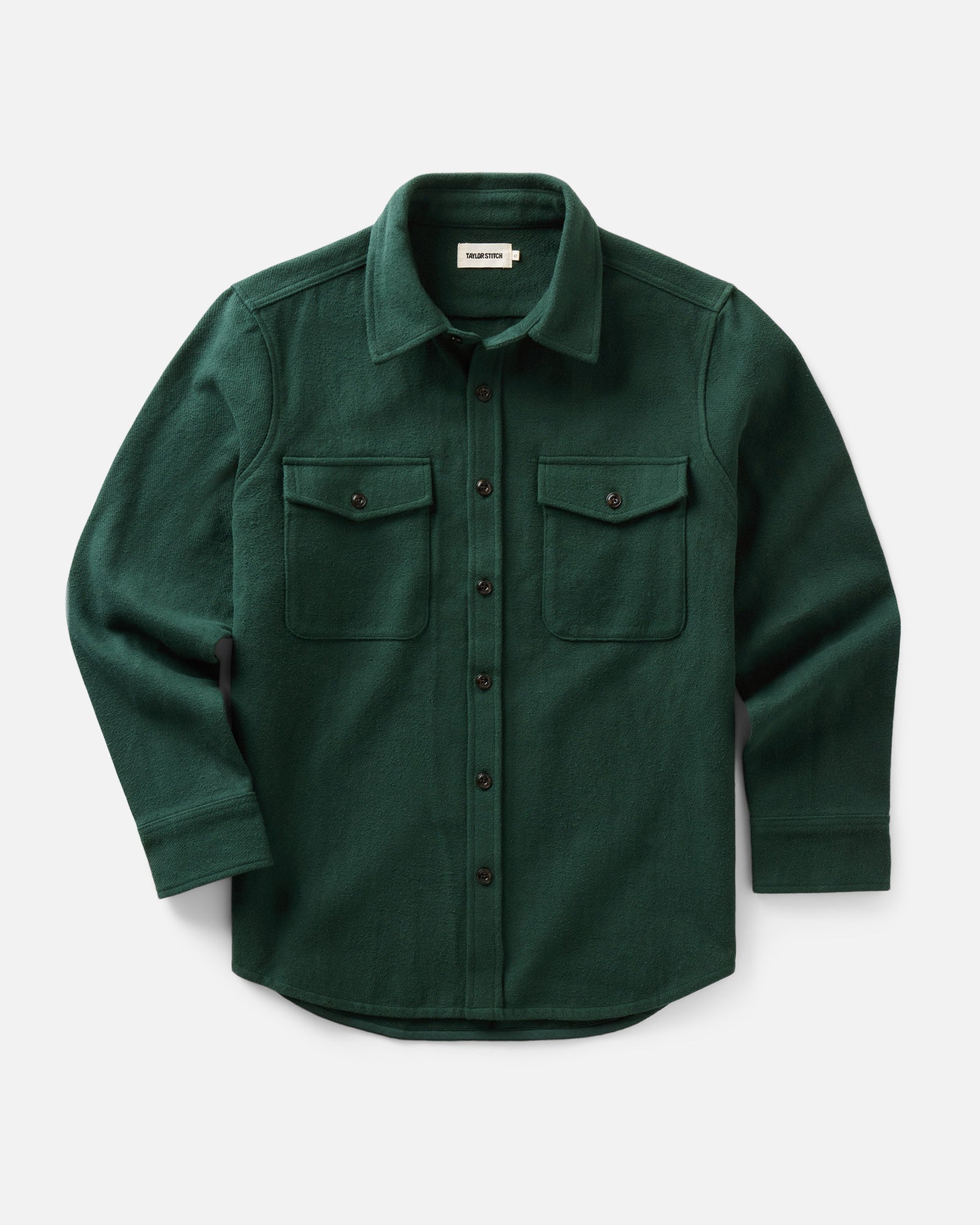 flatlay of The Maritime Shirt Jacket in Dark Forest Moleskin Twill, Outerwear by Taylor Stitch