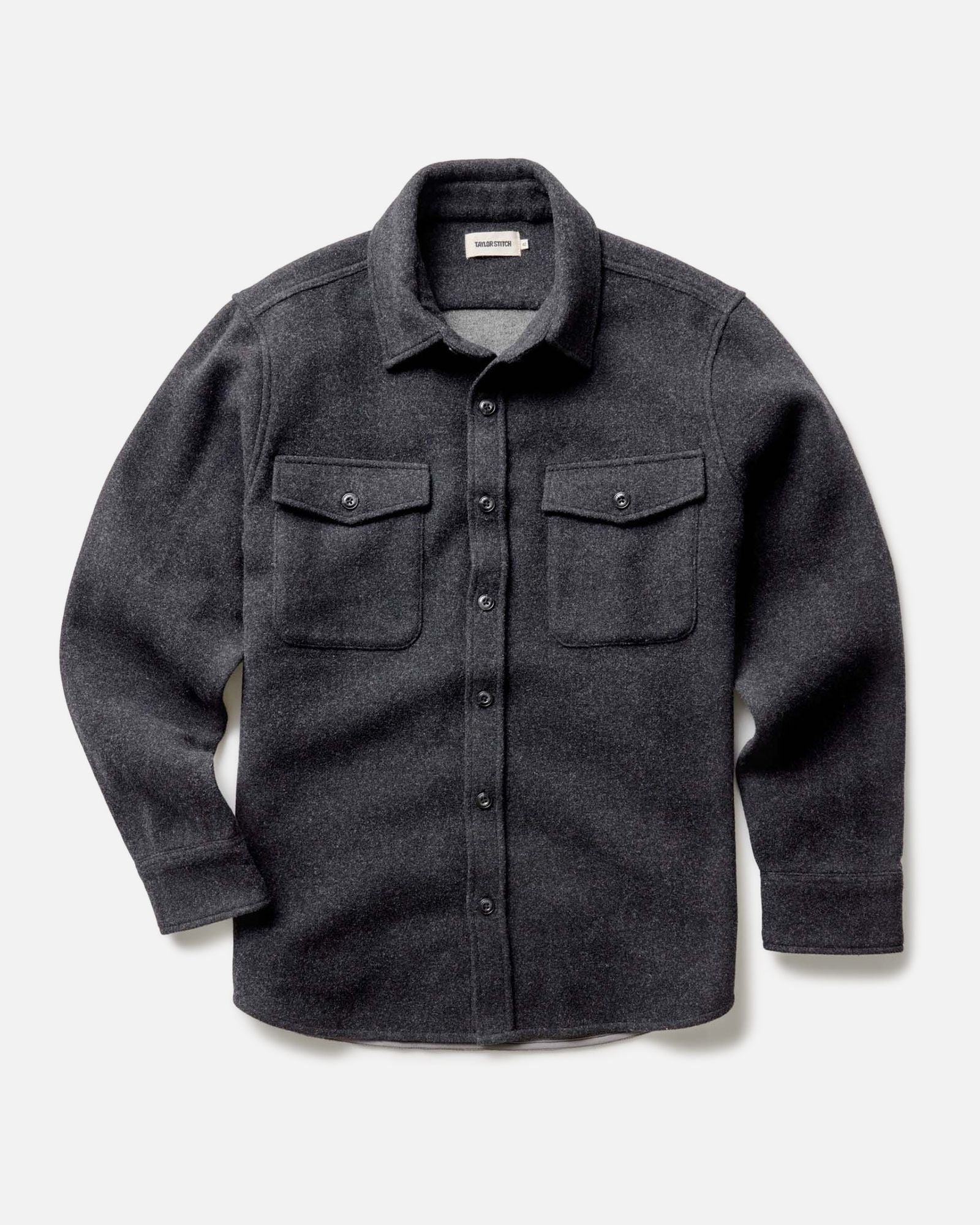 flatlay of The Maritime Shirt Jacket in Heather Charcoal Wool, Outerwear by Taylor Stitch