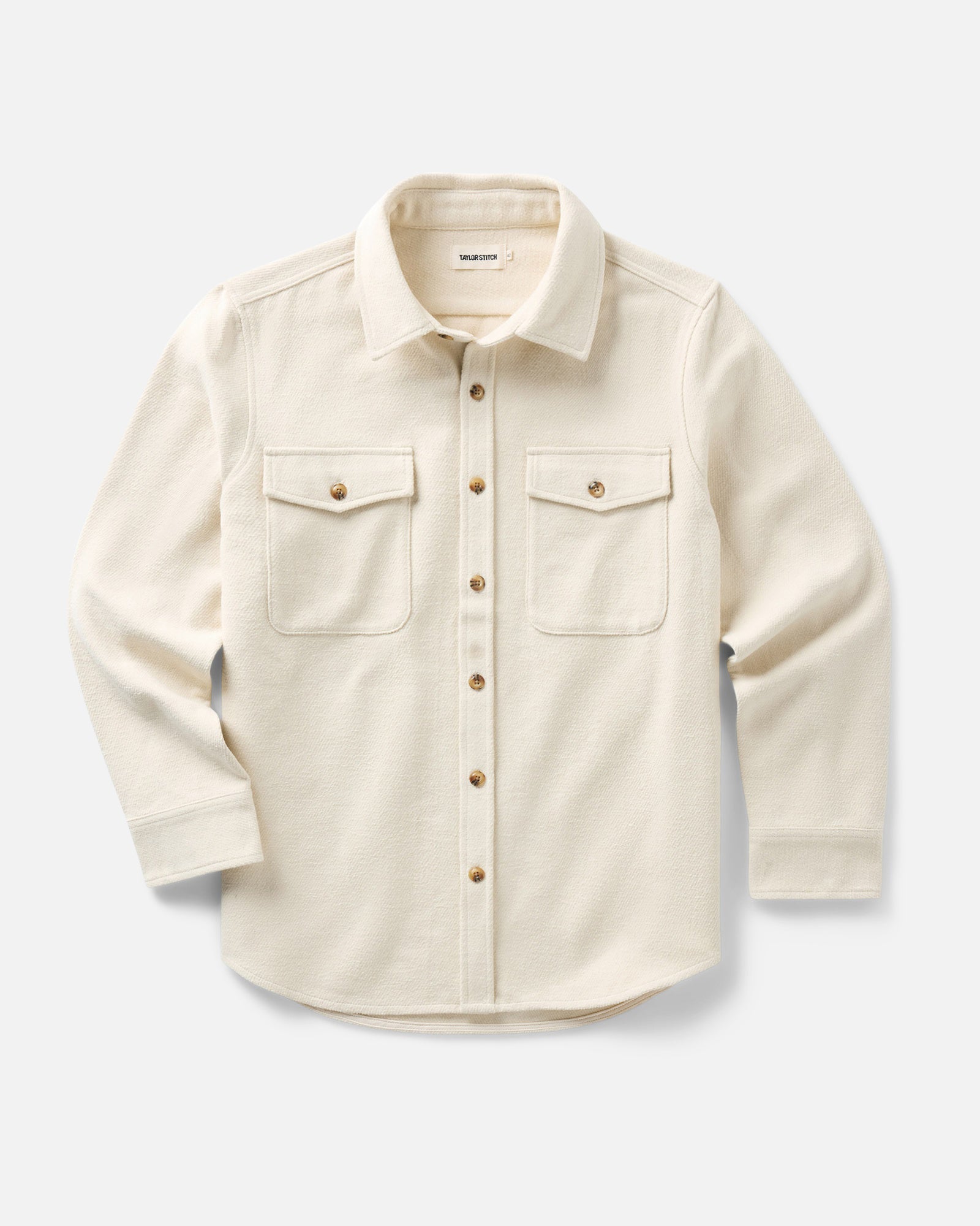 flatlay of The Maritime Shirt Jacket in Vintage White Moleskin Twill, Outerwear by Taylor Stitch