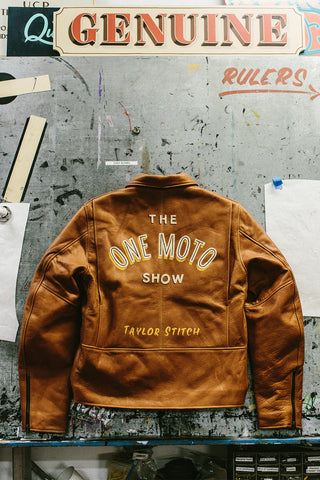 A Taylor Stitch leather jacket screen-printed with The 1 Moto Show.