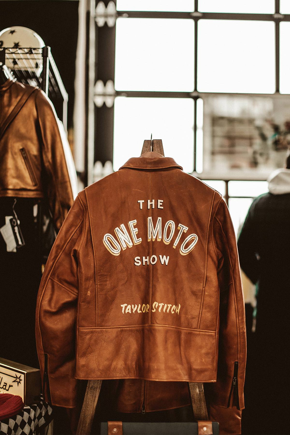 The One Moto Show-printed leather jackets hanging in the TS booth.