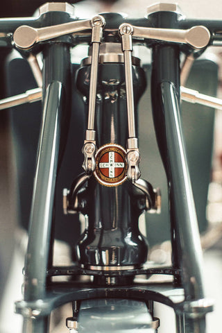 Chrome details on a vintage moto frame.