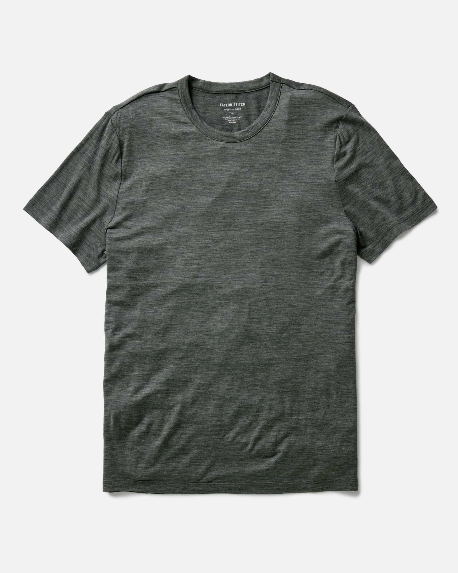 flatlay of The Merino Tee in Heather Army, Knits by Taylor Stitch