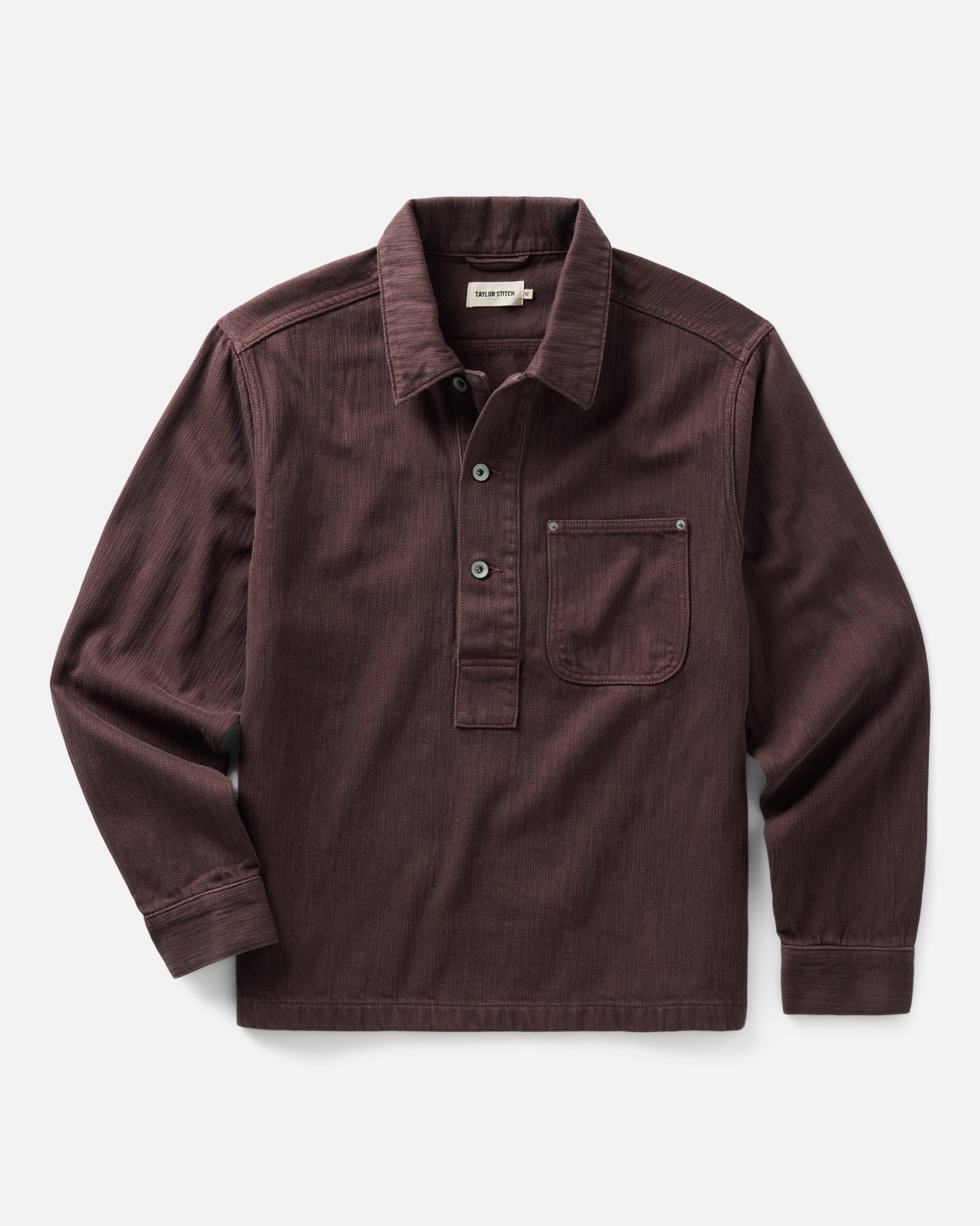 flatlay of The Milton Overshirt in Burgundy Slub Denim, Outerwear by Taylor Stitch