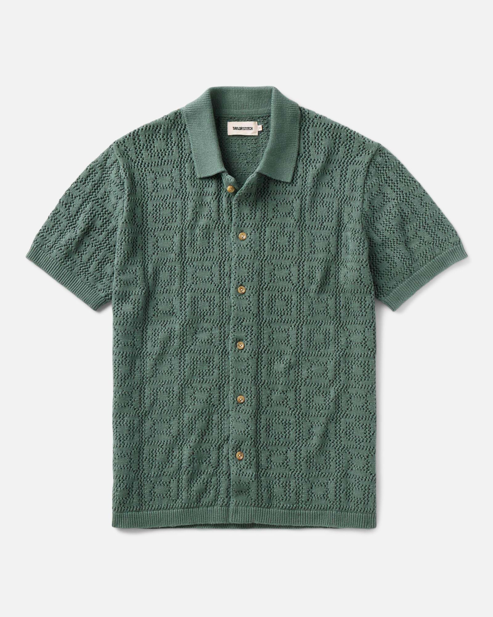 flatlay of The Monterey Sweater Polo in Deep Sea Geo Crochet, Knits by Taylor Stitch
