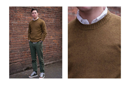 John rocking our sweater, shot against an old brick wall.